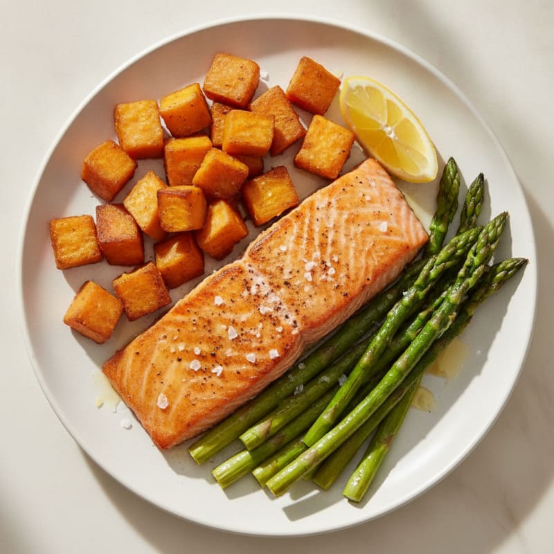 Seared Salmon Fillet with Roasted Sweet Potato and Asparagus