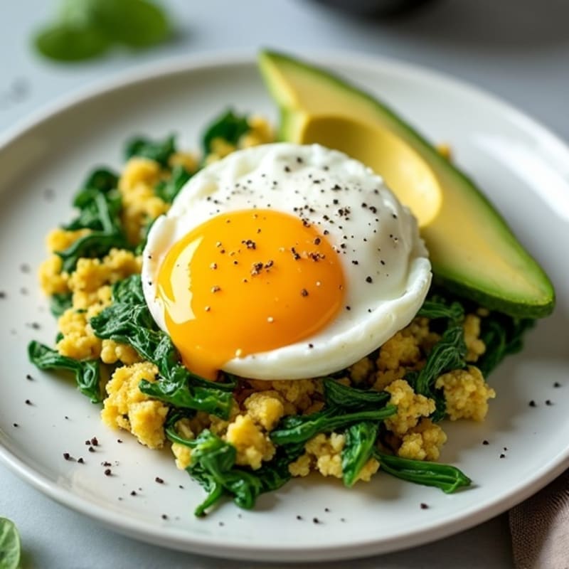High-Protein Scrambled Eggs with Fresh Spinach and Sliced Avocado