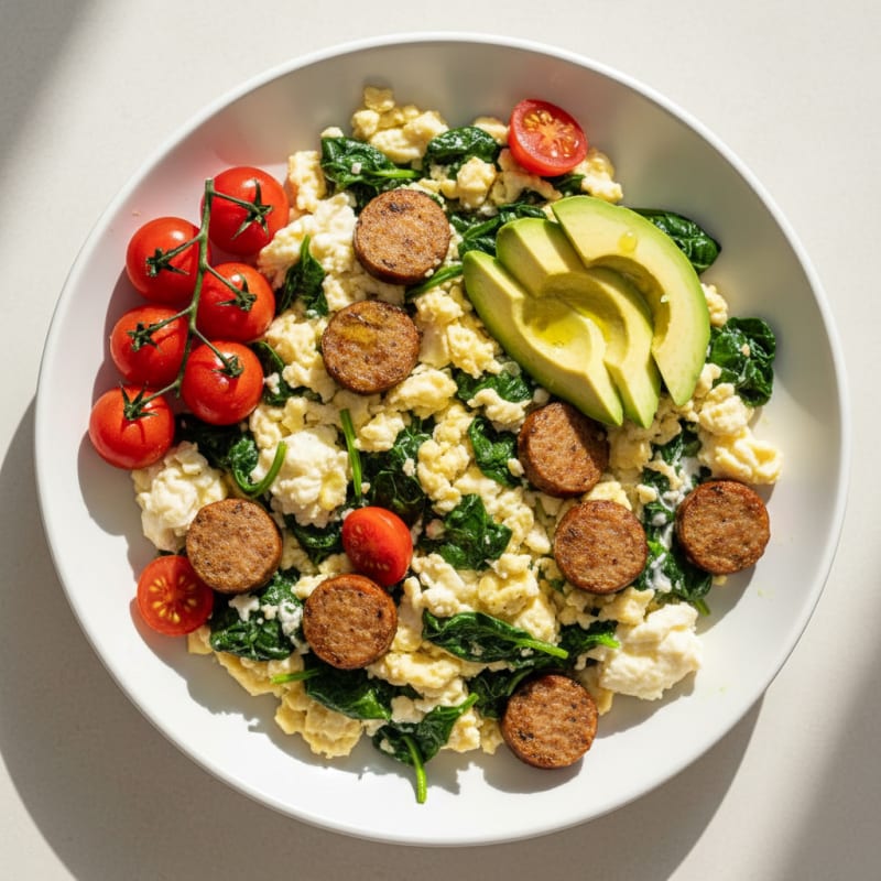 Egg White Spinach Scramble with Turkey Sausage