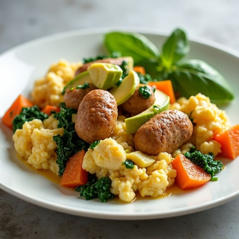 Egg White and Turkey Sausage Scramble with Spinach and Sweet Potato