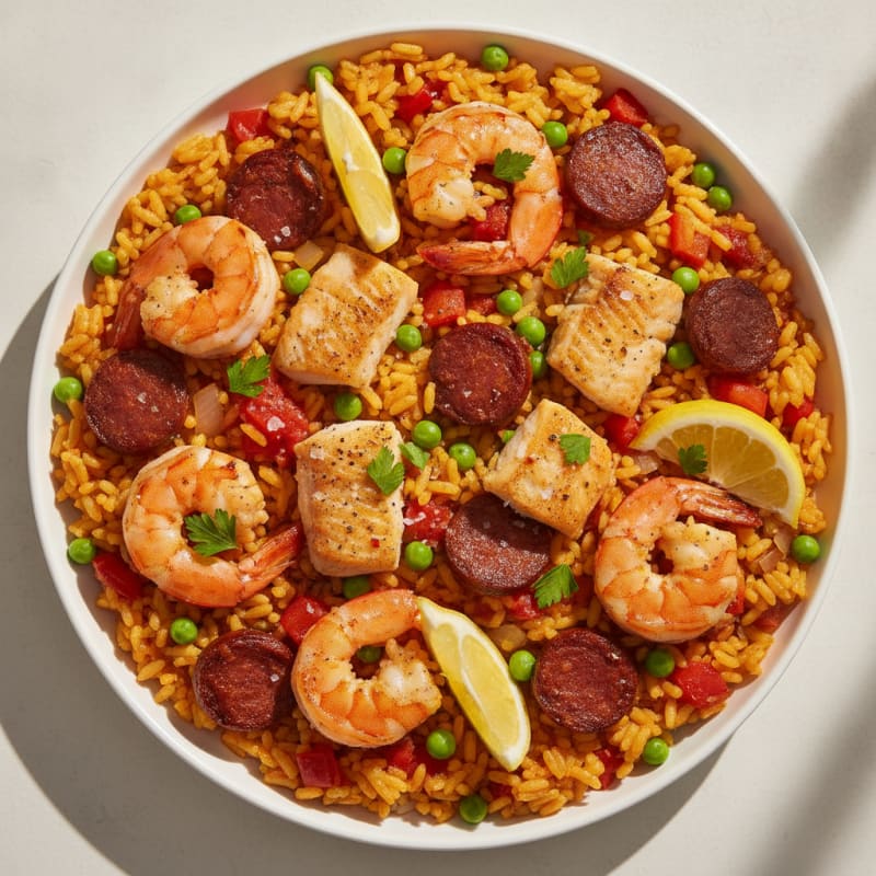 Saffron Seafood Paella with Chorizo