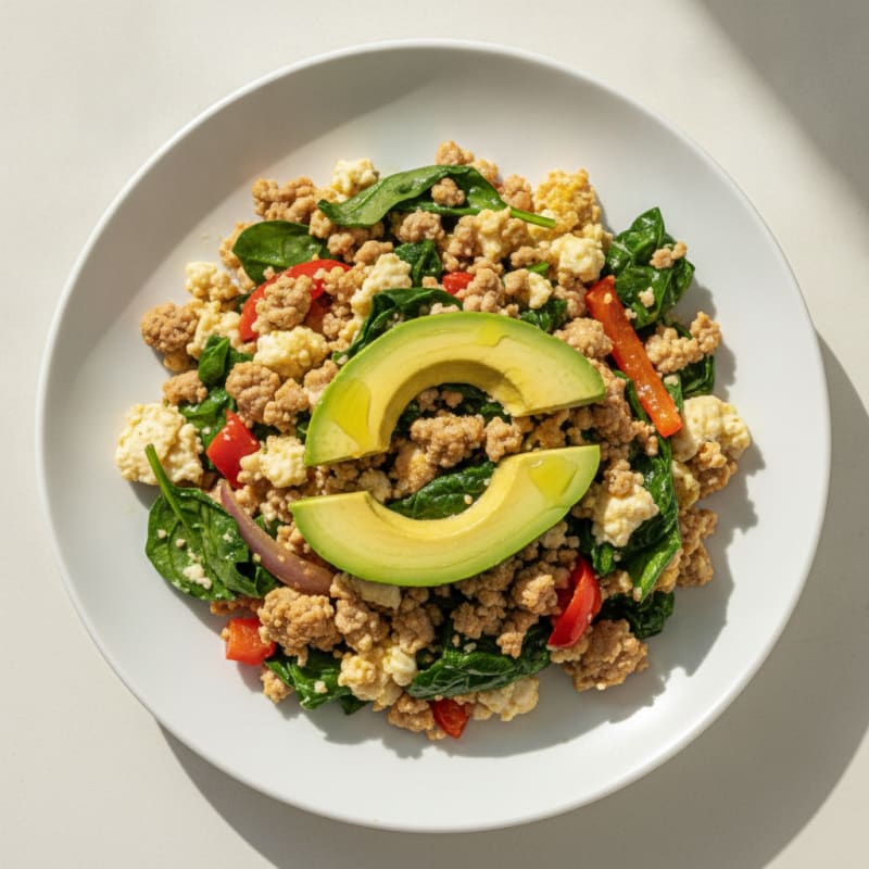 Egg White and Turkey Spinach Scramble with Sautéed Peppers