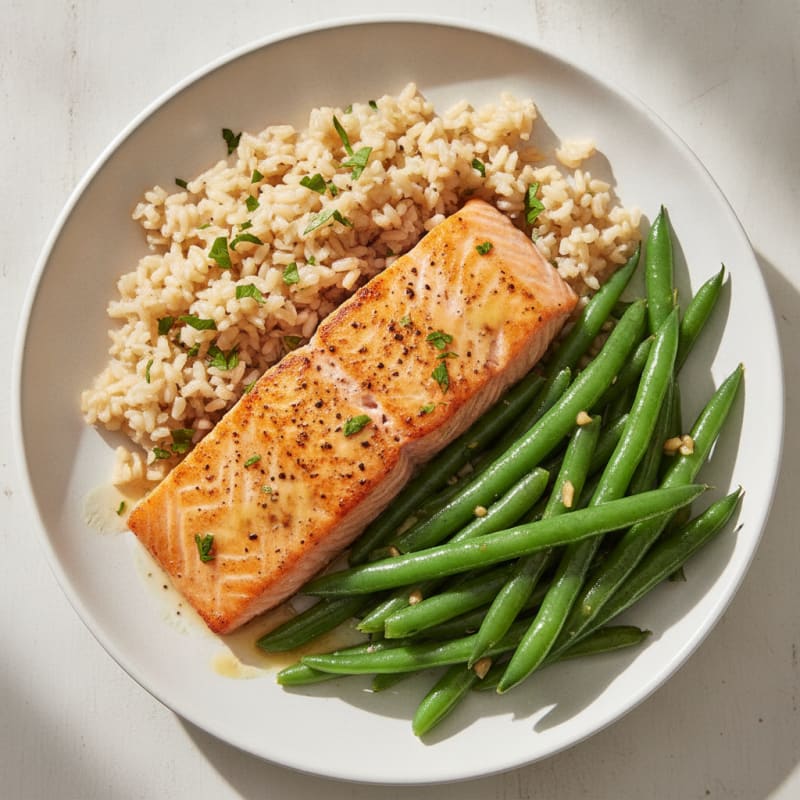 Seared Salmon Fillet with Garlic Green Beans and Brown Rice