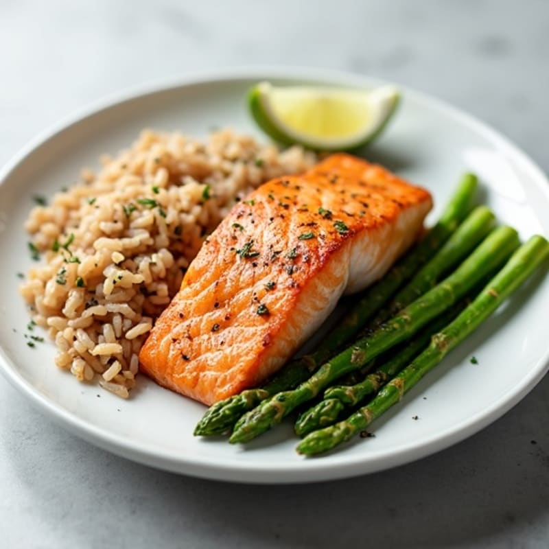 Seared Salmon Fillet with Steamed Asparagus and Brown Rice