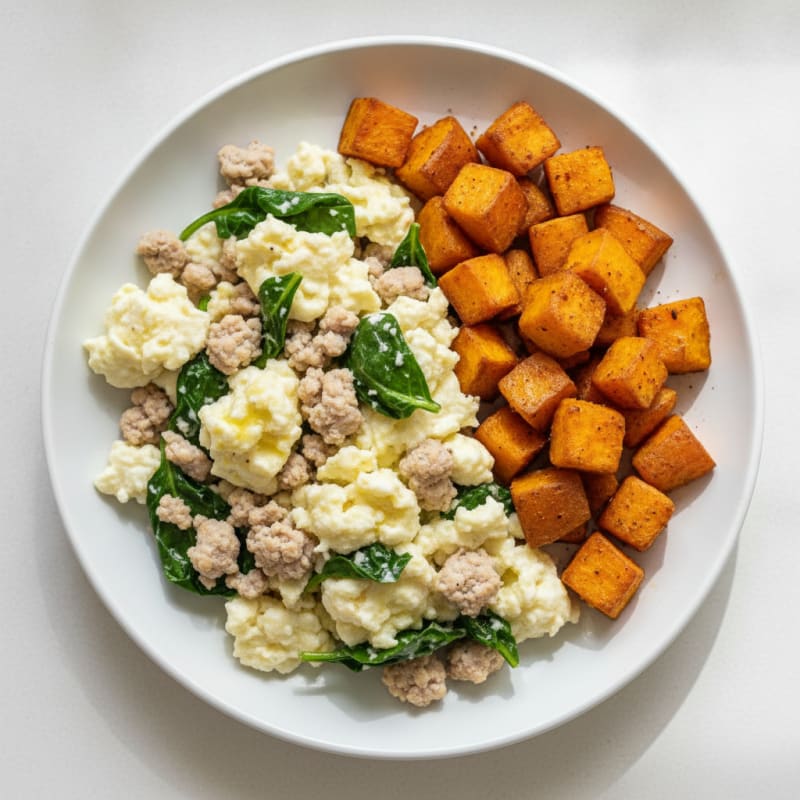 Egg White and Turkey Spinach Scramble with Roasted Sweet Potatoes