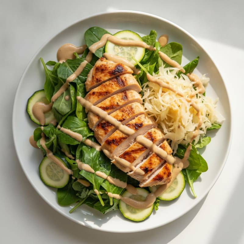 Grilled Chicken Salad with Tahini Dressing and Spring Mix