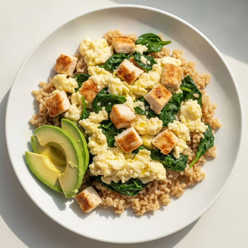 Egg White and Chicken Scramble with Sautéed Spinach