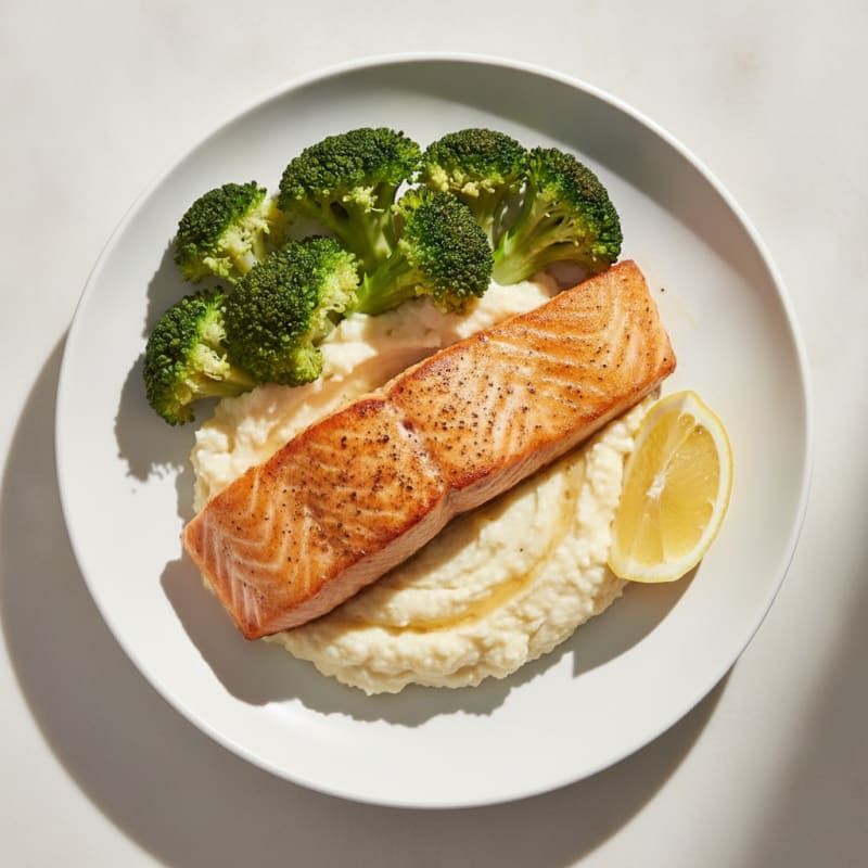 Seared Salmon with Steamed Broccoli and Cauliflower Mash