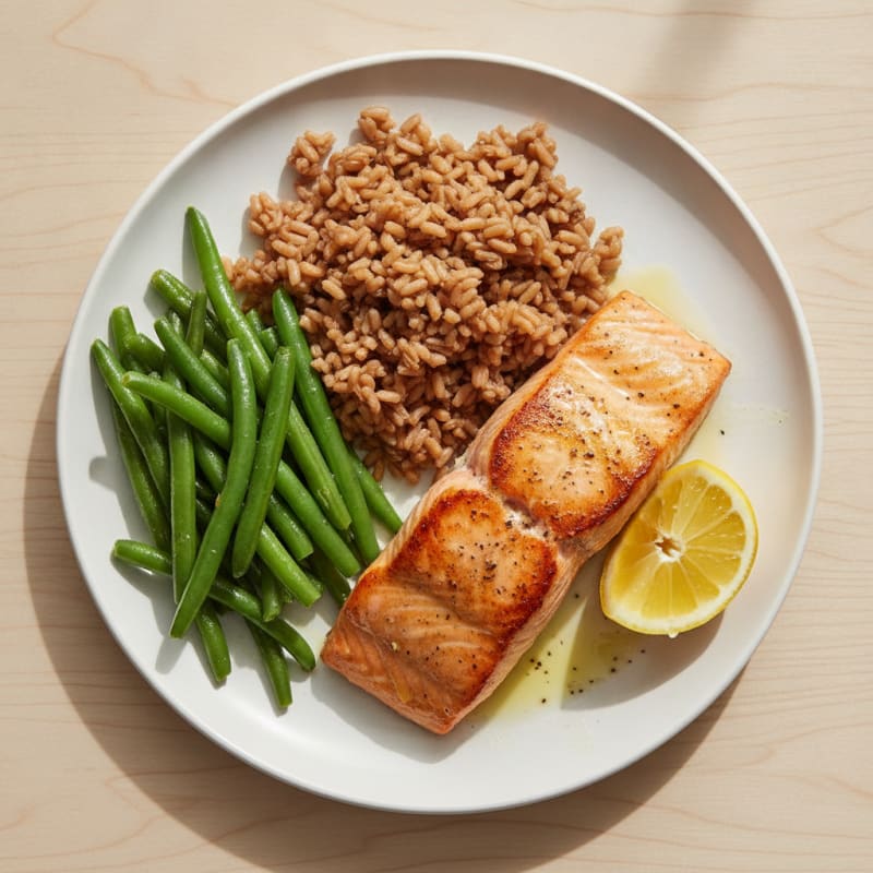 Seared Salmon Fillet with Steamed Green Beans and Brown Rice