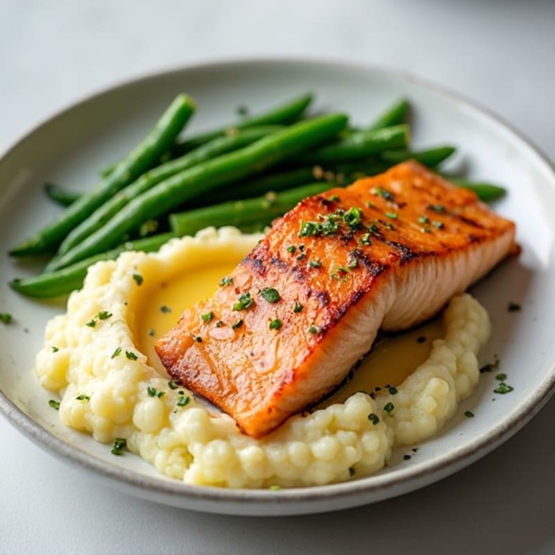 Seared Salmon Fillet with Garlic Green Beans and Cauliflower Mash