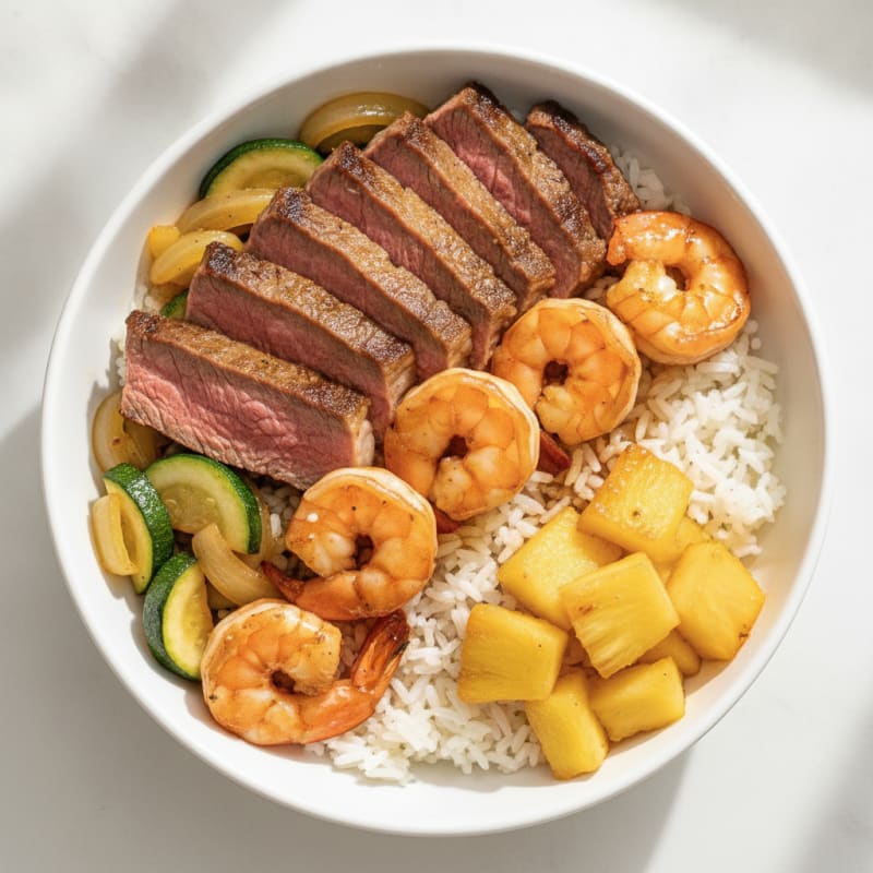 Grilled Steak and Shrimp Rice Bowl with Hibachi Vegetables