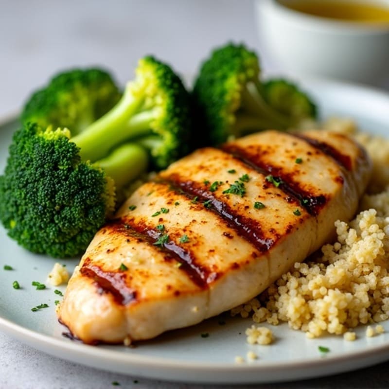 Grilled Lemon Garlic Chicken Breast with Quinoa and Steamed Broccoli