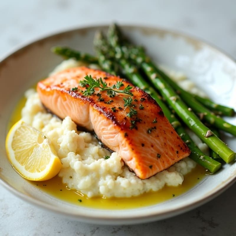 Seared Salmon with Roasted Asparagus and Cauliflower Mash