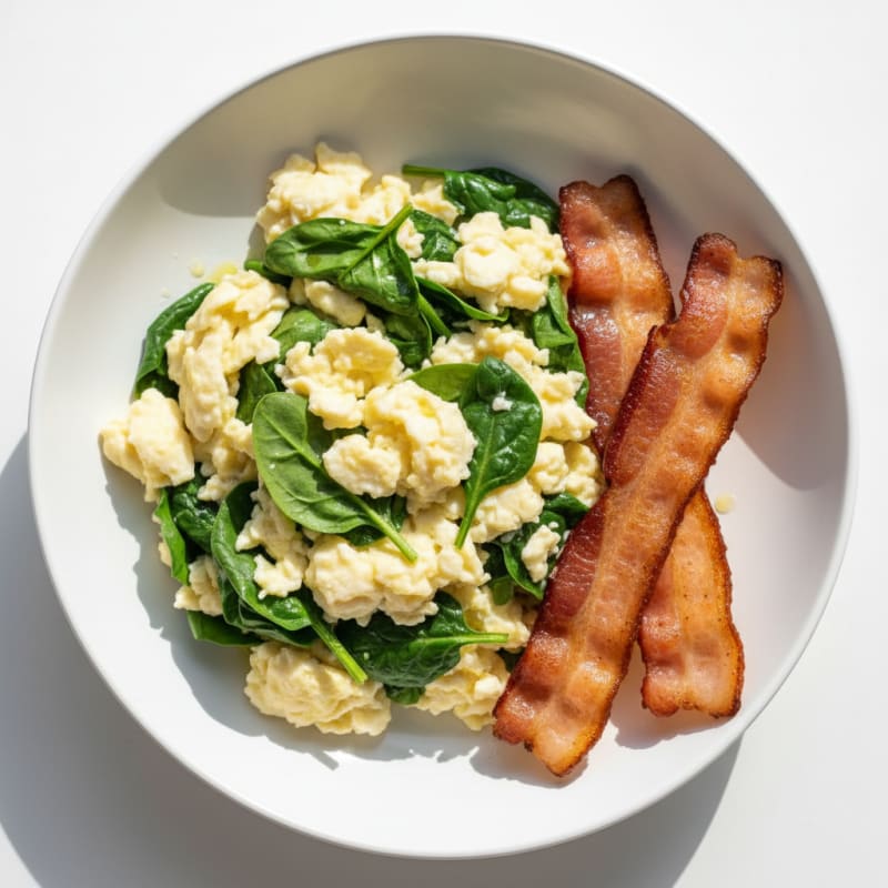 Egg White Spinach Scramble with Grilled Turkey Bacon