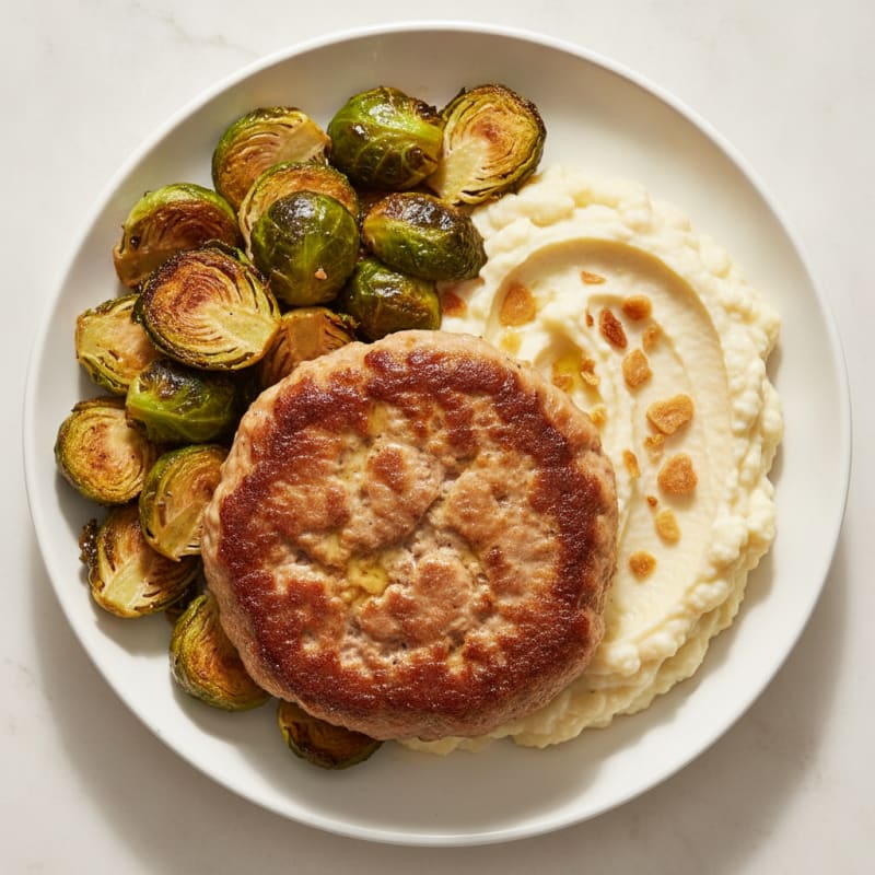 Seared Turkey Burger with Roasted Brussels Sprouts and Cauliflower Mash