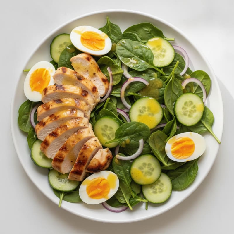 Grilled Chicken Spinach Salad with Hard-Boiled Egg and Lemon Vinaigrette