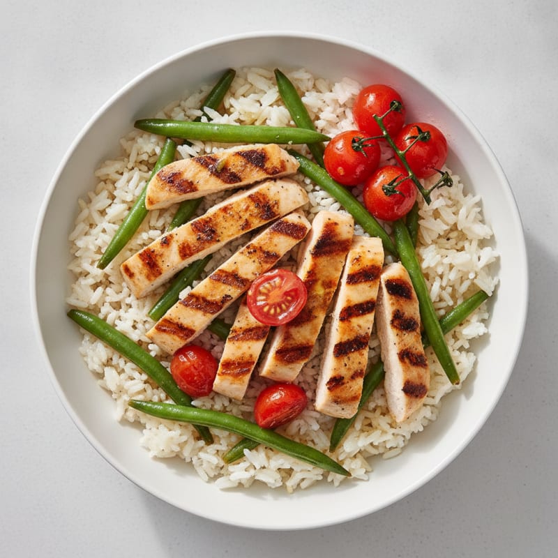 Grilled Chicken and Green Bean Rice Bowl with Fresh Tomatoes