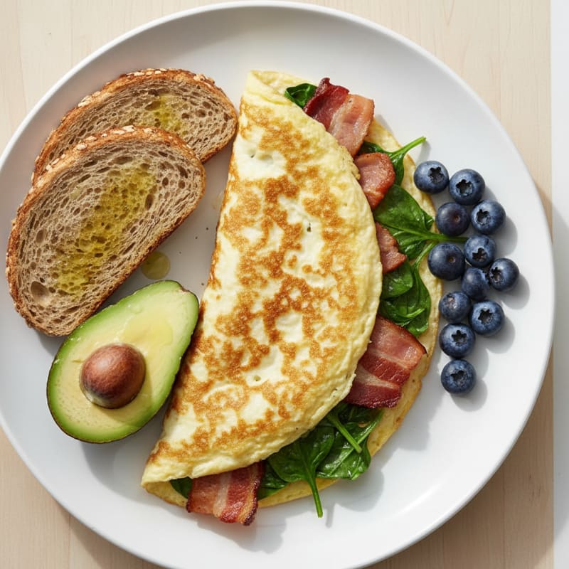 Crispy Egg White Omelet with Turkey Bacon and Spinach