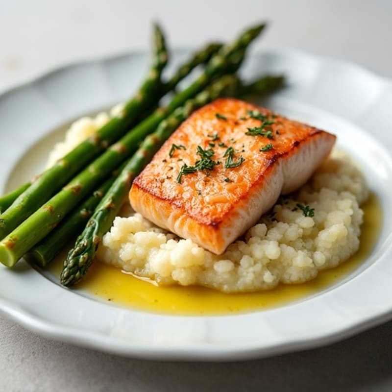 Seared Salmon with Steamed Asparagus and Garlic Cauliflower Mash