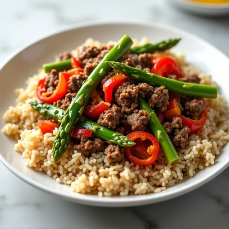Ground Beef and Asparagus Stir Fry with Brown Rice