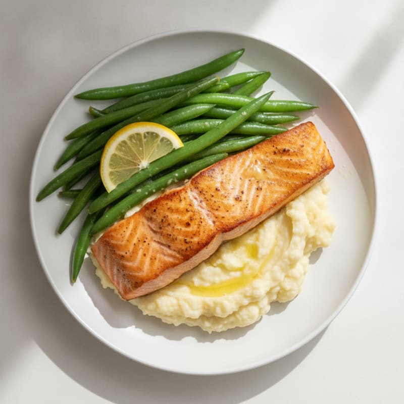 Seared Salmon with Steamed Green Beans and Mashed Cauliflower