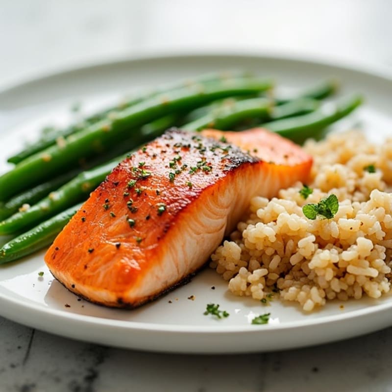 Seared Salmon with Garlic Green Beans and Brown Rice