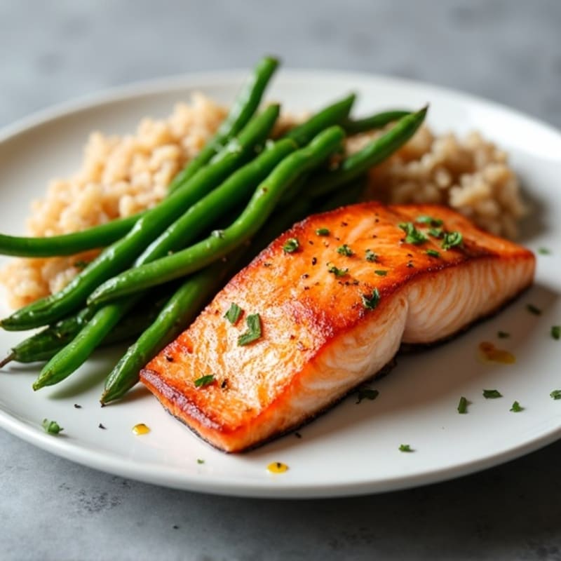 Seared Salmon Fillet with Garlic Green Beans and Brown Rice
