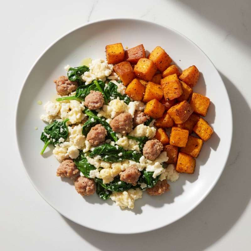 Egg White and Turkey Sausage Scramble with Spinach and Roasted Sweet Potatoes