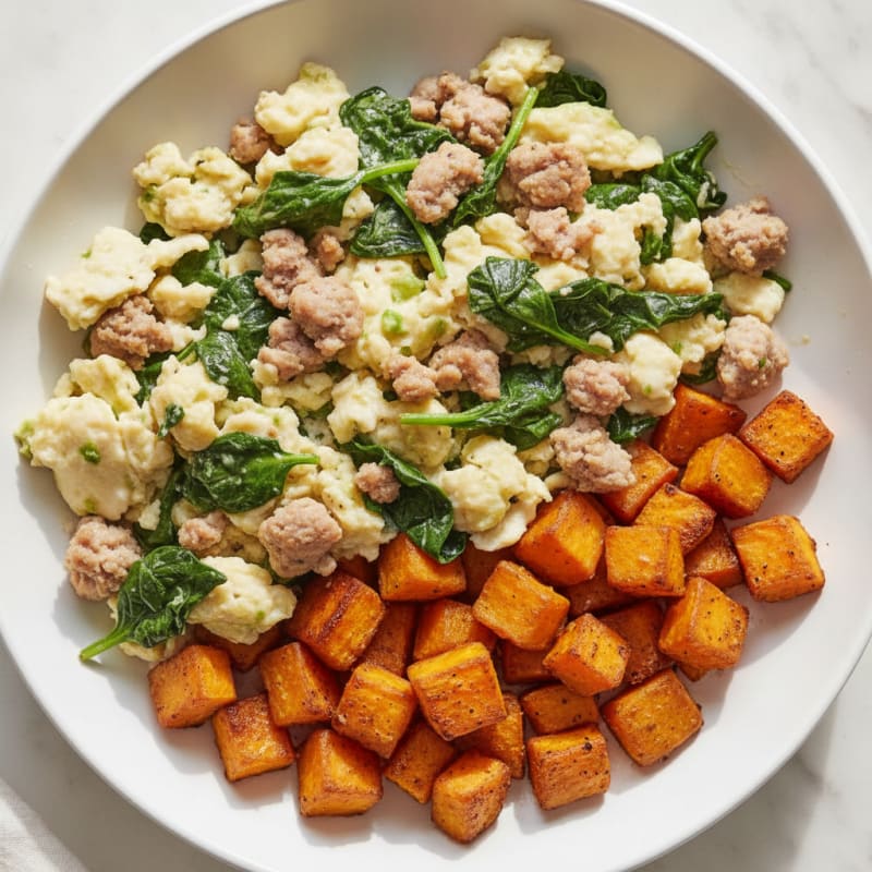 Egg White and Turkey Sausage Scramble with Spinach and Roasted Sweet Potato