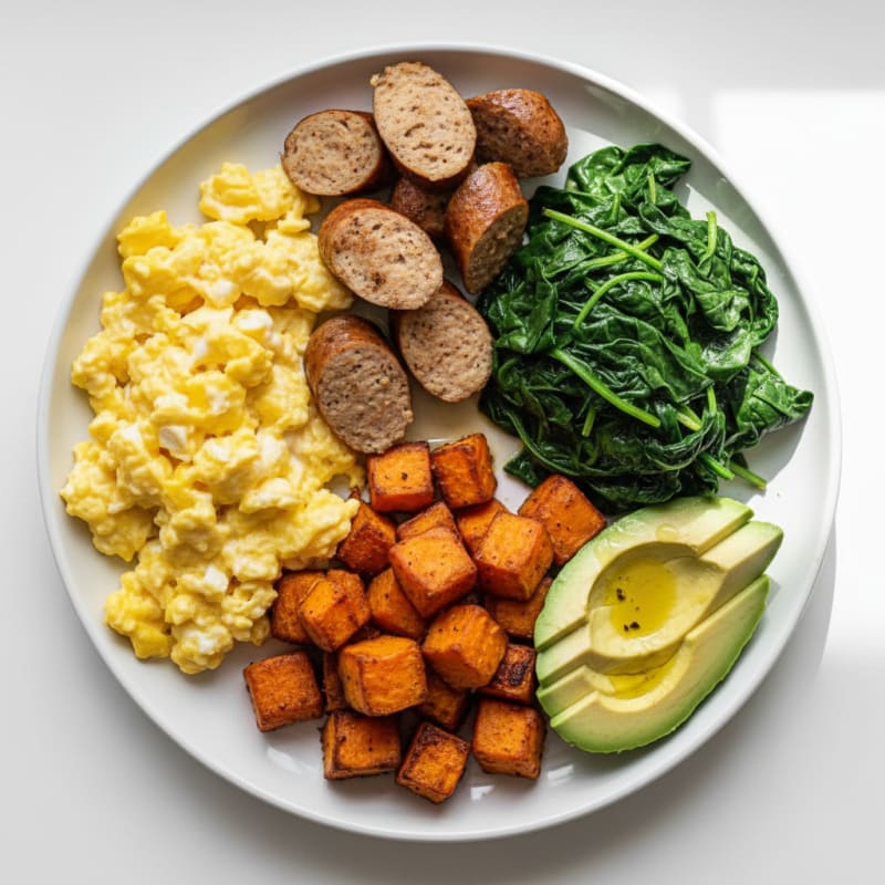 Scrambled Eggs with Chicken Sausage and Sautéed Spinach