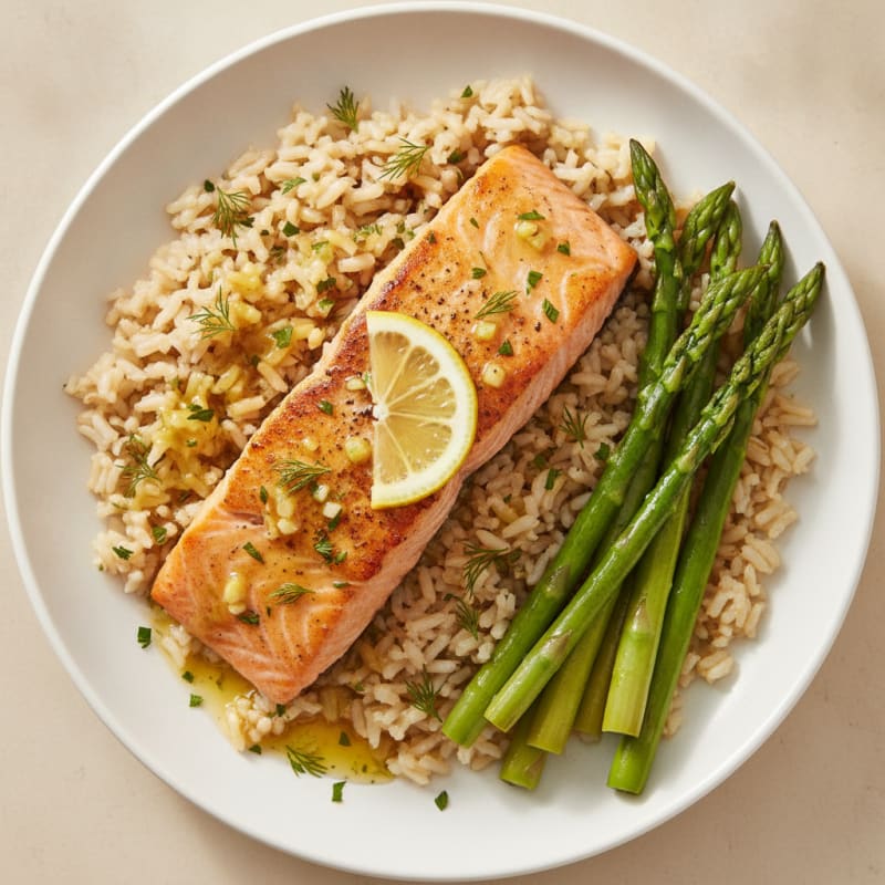 Seared Salmon Fillet with Brown Rice and Steamed Asparagus