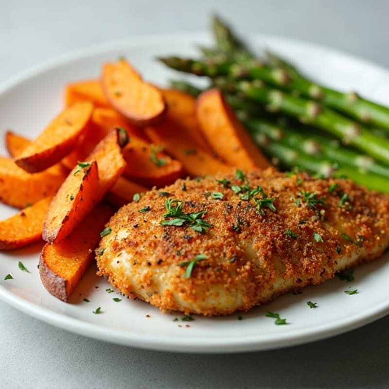 Crispy Baked Sweet Potato Fries with Herb-Crusted Chicken and Roasted Asparagus