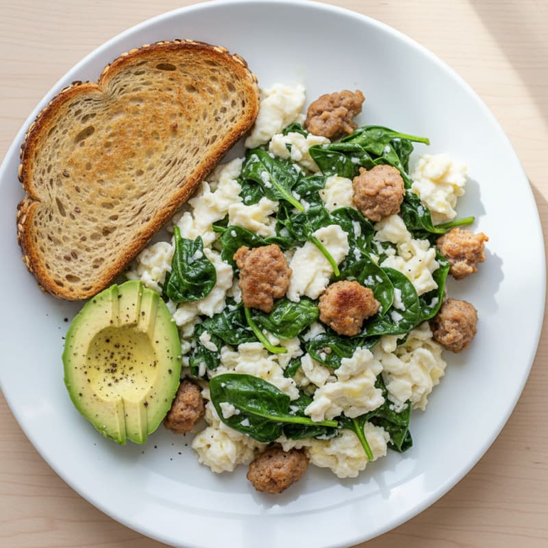 Egg White and Spinach Scramble with Turkey Sausage