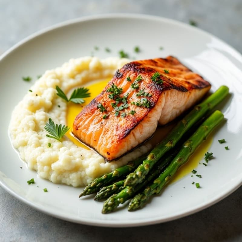 Seared Salmon Fillet with Roasted Asparagus and Cauliflower Mash