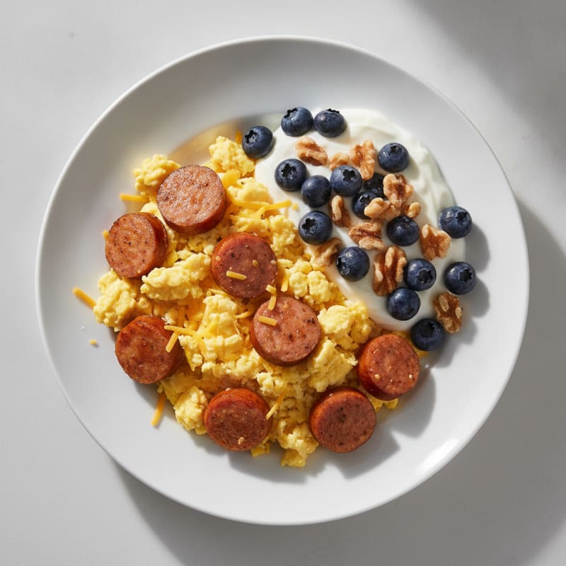 Egg and Cheese Scramble with Chicken Sausage and Greek Yogurt Parfait