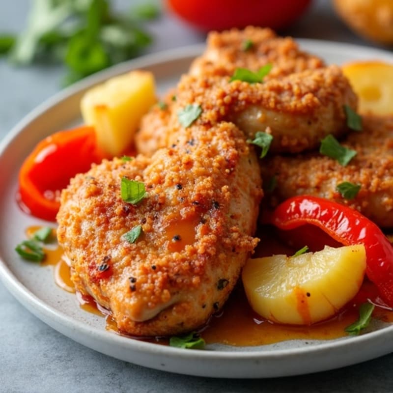 Crispy Baked Sweet & Sour Chicken with Roasted Bell Peppers and Pineapple