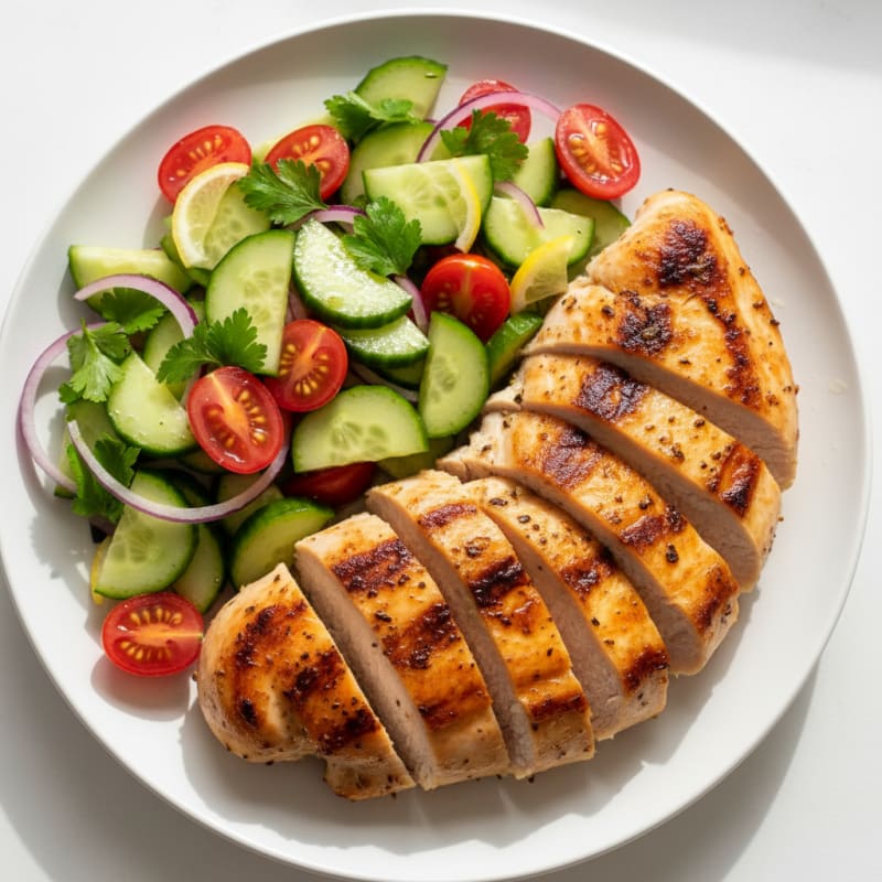Grilled Chicken Breast with Cucumber Tomato Salad