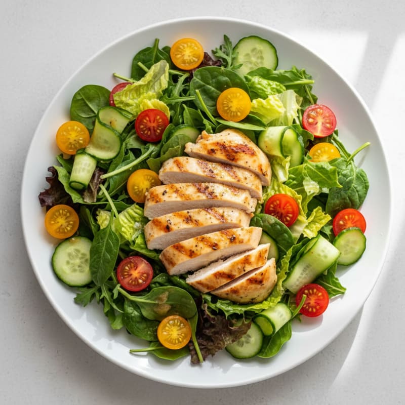 Grilled Chicken Breast Salad with Crunchy Cucumber and Cherry Tomatoes