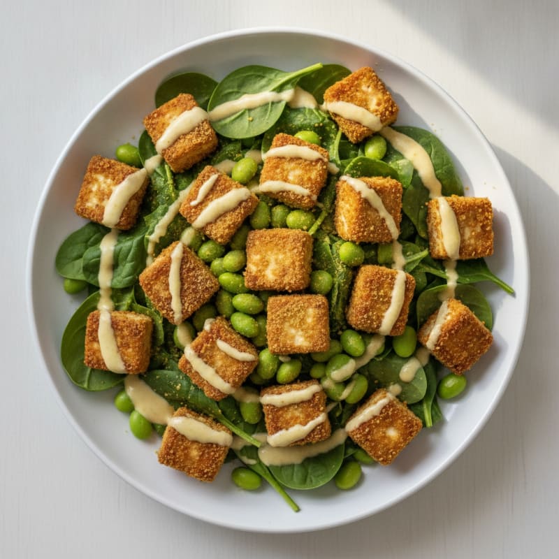 Crispy Tofu and Edamame Power Salad with Lemon-Tahini Dressing