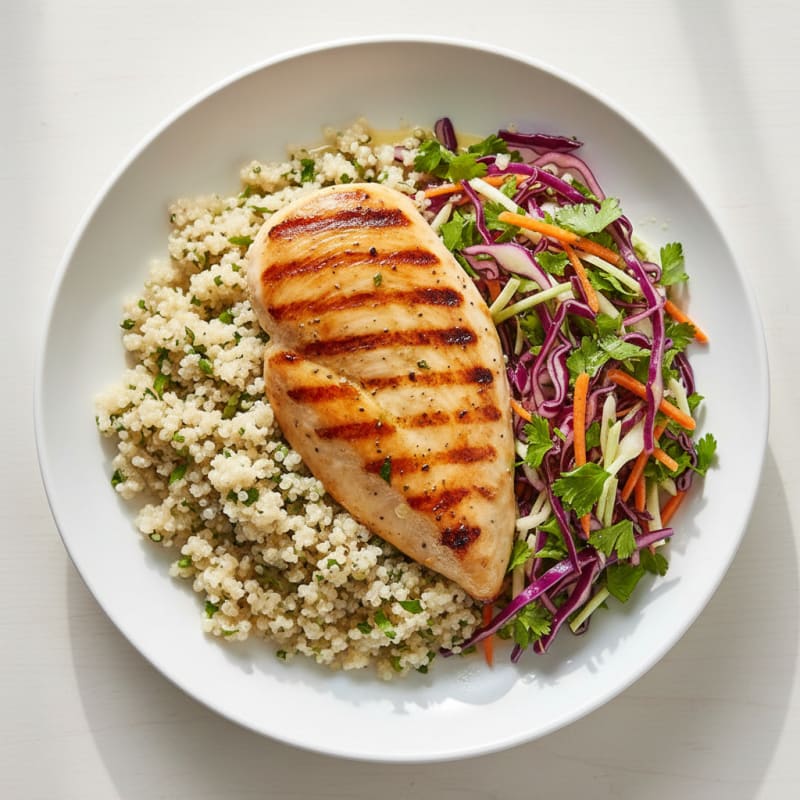 Grilled Chicken Breast with Crunchy Cabbage Slaw and Quinoa