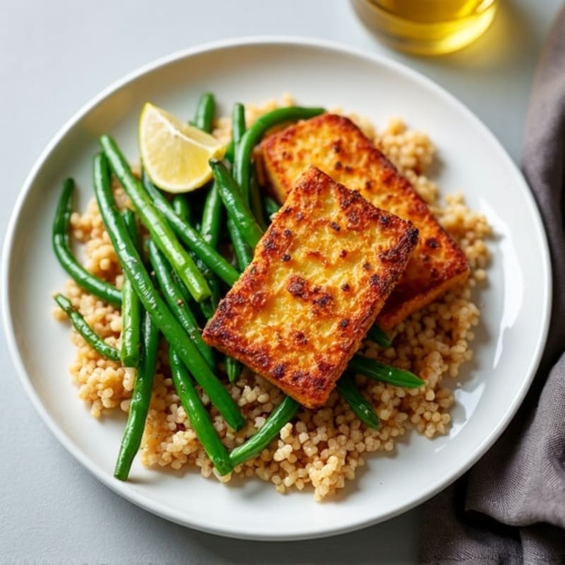Crispy Pan-Seared Tempeh with Garlic Green Beans and Quinoa