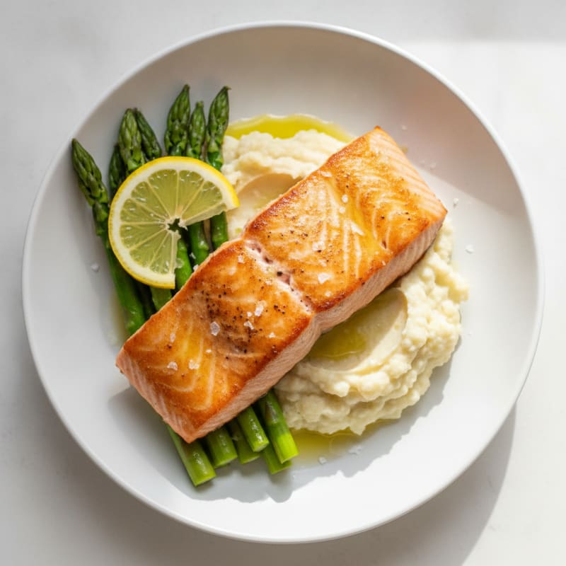 Seared Salmon with Steamed Asparagus and Garlic Cauliflower Mash