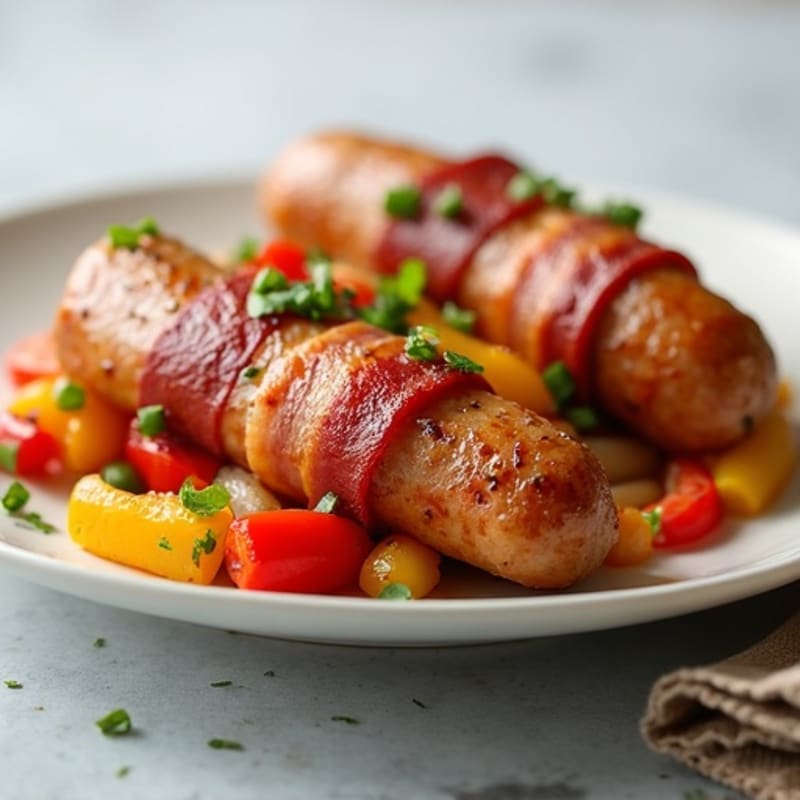 Crispy Turkey Bacon-Wrapped Chicken Sausage with Sautéed Peppers and Onions
