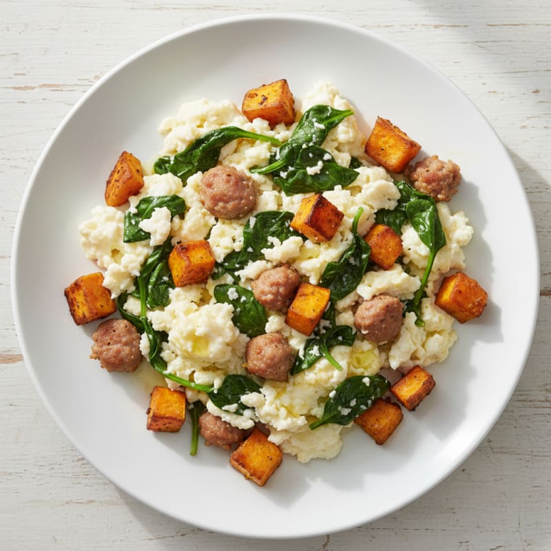Egg White Scramble with Turkey Sausage and Spinach