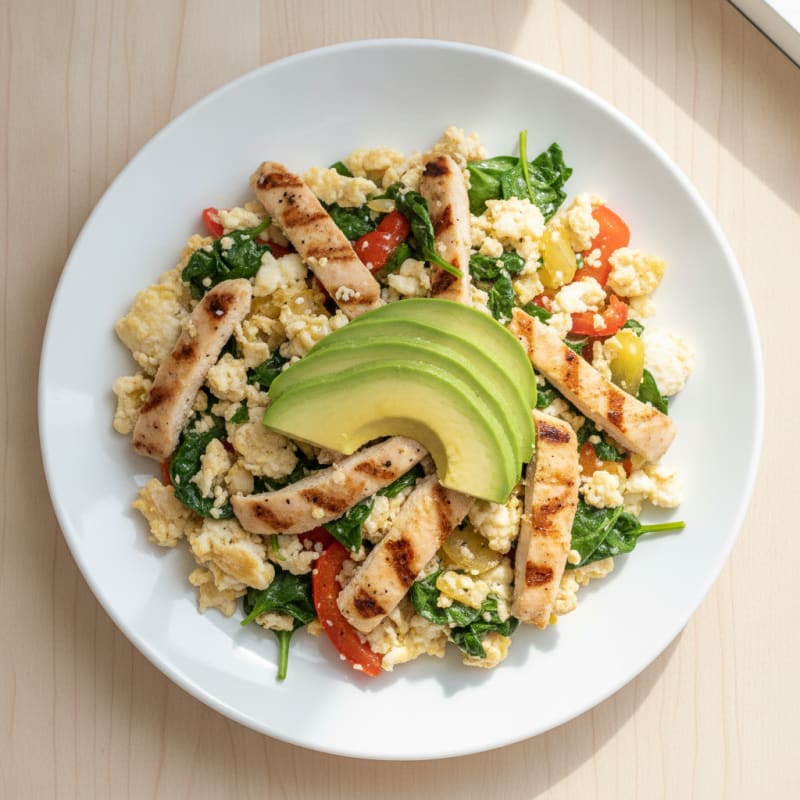 Egg White Veggie Scramble with Grilled Chicken