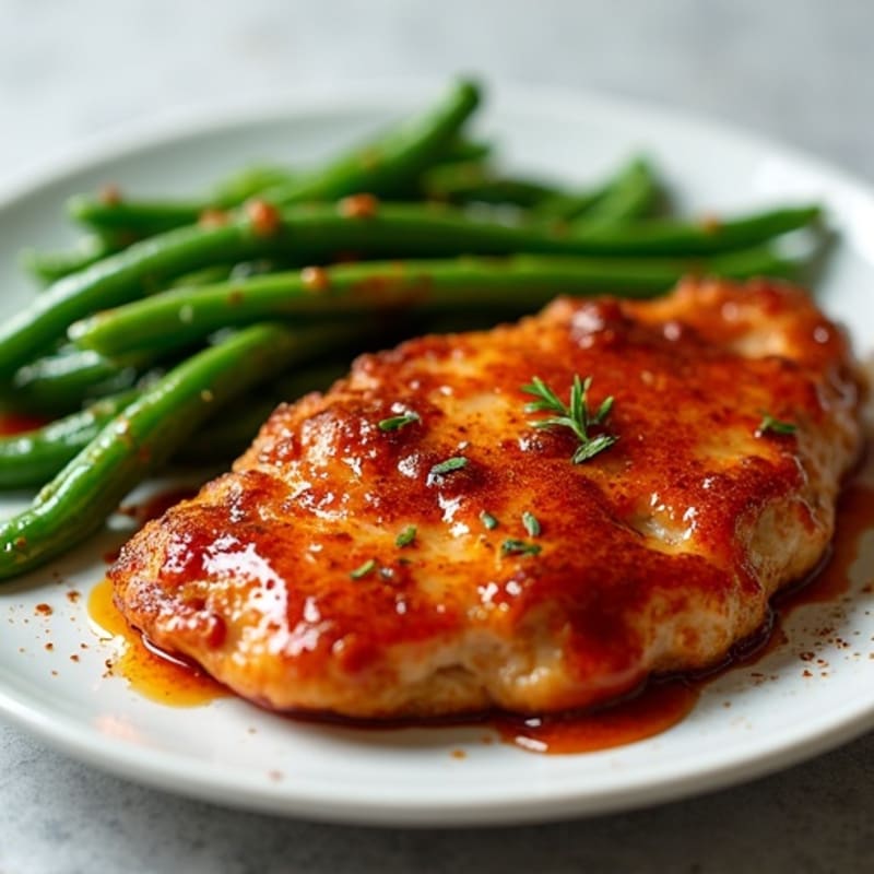 Crispy Baked Spicy BBQ Chicken with Roasted Green Beans