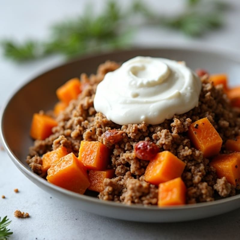 Ground Turkey Sweet Potato Skillet with Roasted Onions and Greek Yogurt Topping