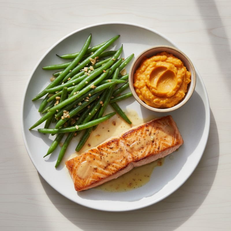 Seared Salmon with Garlic Green Beans and Sweet Potato Mash
