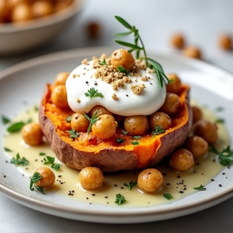 Herb-Roasted Sweet Potato with Greek Yogurt and Crispy Chickpeas