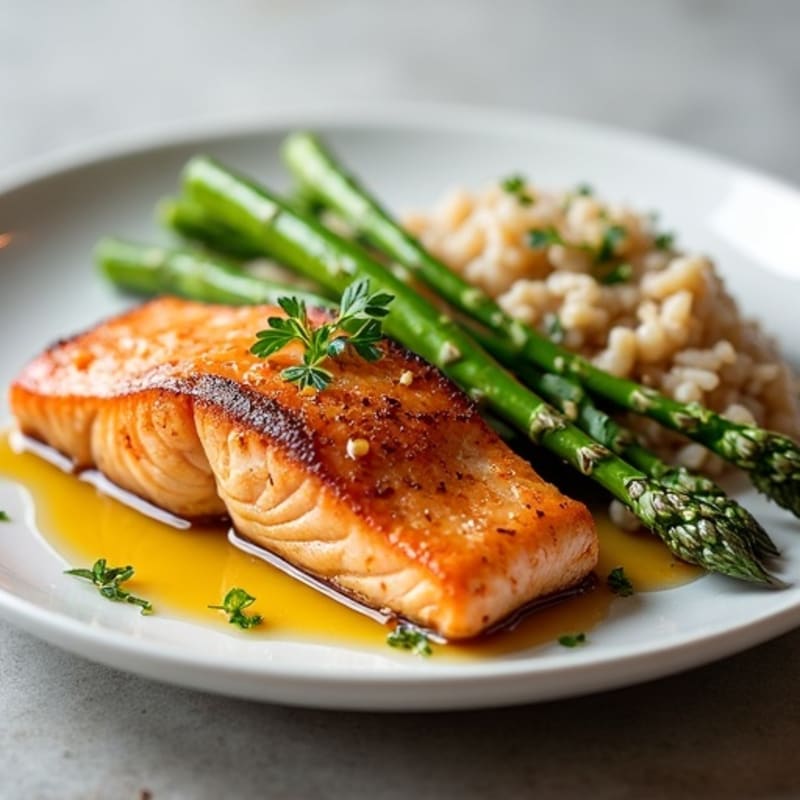Seared Salmon Fillet with Steamed Asparagus and Brown Rice